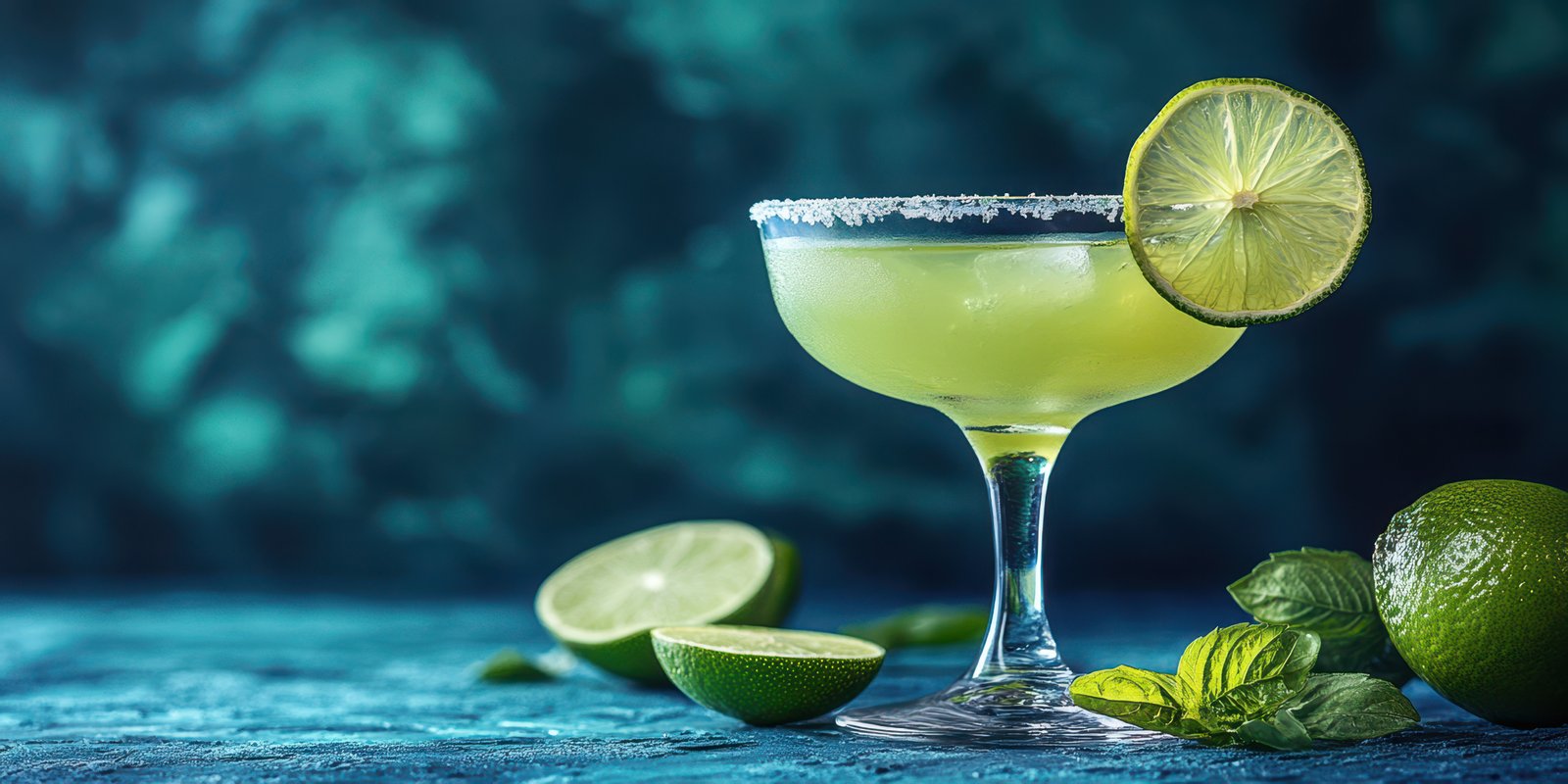 Refreshing lime margarita garnished with fresh lime and mint on a vibrant blue background